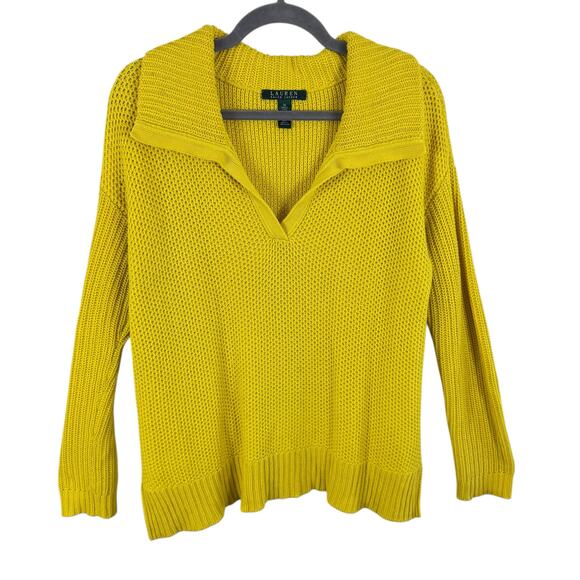 Lauren Ralph Lauren Cotton Blend Bright Yellow Collared Waffle Knit Sweater Sz M - Picture 1 of 5